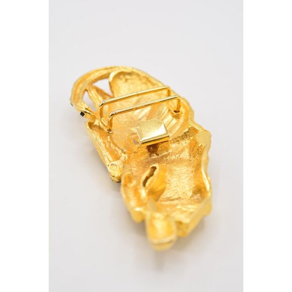 Vintage Tiger Belt Buckle Chunky Brushed Gold Green Rhinestone Crystal 1980s